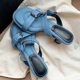 Slippers LeShion Of Women Medium Heels Slides Double Buckle Blue Denim Slippers Jean Sandals Ladies White Leather Mule Flip-Flops J230621