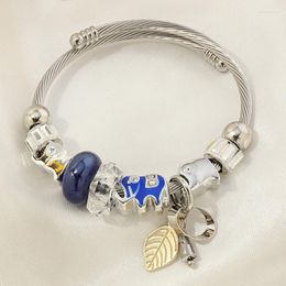 Bangle Cute Blue Glaze Elephant Charms Bracelet For Women Vintage Stainless Steel Female Leaf Pendant Beads Pulseras Men Jewelry