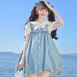 Work Dresses 2023 Summer Students Soft Girl Suit Ears Navy Shirt Straps Bud Dress Two-piece Y2K Korean Fashion