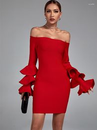 Casual Dresses Long Sleeve Bandage Dress Red Bodycon Evening Party Elegant Sexy Off Shoulder Birthday Club Outfit 2023 Autumn Winter