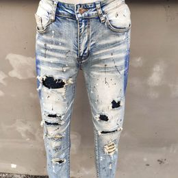 Men's Jeans Crystal Patchwork Light Blue Ripped Jean Luxury Men Destroyed Jeans Skinny Stretch Denim Pants Hip Hop Jeans Men 230620