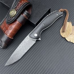 Handmade Damascus Collection Folding Knife with Delicate Leather Sheath Wood Handle Classic Outdoor Pocket EDC Knife