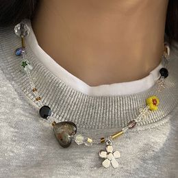 Strands Strings Korean Flower Pendant Crystal Class Gravel Beaded Necklace For Women Cool Y2K Choker 2023 Fashion Jewelry Exquisite Accessory 230621