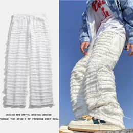 Men's Jeans White Hip Hop Jeans Striped Tassel Frayed Straight Baggy Jeans Pants Harajuku Male Female Solid Streetwear Casual Denim Trousers 230620