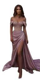 Off The Shoulder Satin Dusty Pink Split Mermaid Evening Dresses Sexy Prom Gowns