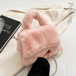 Evening Bags Fashion Soft Plush Small Flap Women Handbags Pearls Chain Shoulder Crossbody Luxury Faux Fur Messenger Bag Puffy Purses