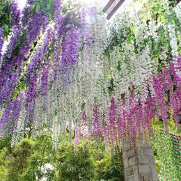 Decorative Flowers Wisteria Flower Rattan Decoration Artificial Silk Fake Garden Hanging Plant For El Wedding 12pcs/lot