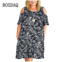 Plus size Dresses Paisley Plant Flowers Women Dresses Summer Retro Short Sleeve Loose Dress Casual Off Shoulder Print Pockets Plus Size Dress 9XL 230620