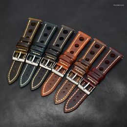 Watch Bands High Quality Oil Wax Cowhide Watchbands 22mm 24mm Genuine Leather Band Strap Belt Ventilated Design Men's Ultra-Thin Brace