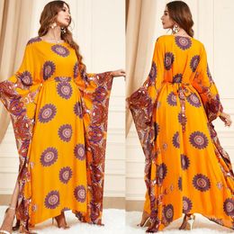 Ethnic Clothing Boho Floral Print Kaftan Dress Muslim Abayas Bat Sleeve Vintage Islamic Oversized Dubai Middle East Gown