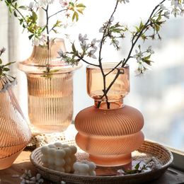 Vases Vintage Embossed Amber Glass Vase Light Luxury Ins Internet Celebrity 2023 Decoration Living Room Flower Arrangement