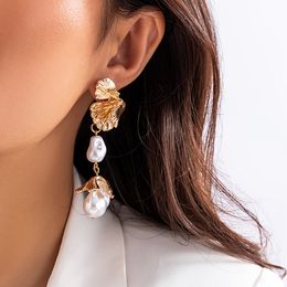 Dangle Chandelier IngeSight.Z Vintage Gold Color Little Ginkgo Leaf Drop Earring Charms Irregular Imitation Pearl Long Pendant 230621