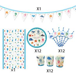 Disposable Take Out Containers 12kids Sea Life World Marine Animal theme birthday party decoration tableware set plate cup giftbag banner snackbox hat 230620