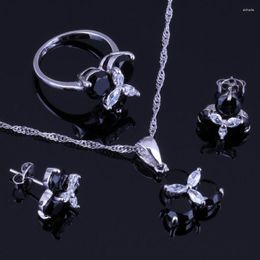 Necklace Earrings Set Sell ! Black Cubic Zirconia White CZ Silver Plated Pendant Ring Size 6 7 8 9 10 V0001