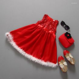 Girl Dresses 2023 Christmas Girls Sleeveless Dress Outfits Red X'mas Clothes Bling Sequins For Jumpers