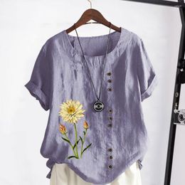 Women's Blouses Women Shirts Retro Floral Print Round Neck Button Decor Arc Hem All Match Breathable Short Sleeve Casual Shirt Blouse Daily