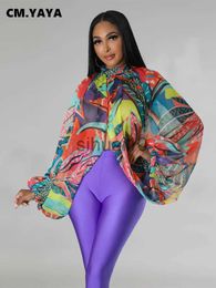 Women's Blouses Shirts CM.YAYA Women Fashion Gradient Printed Batwing Long Sleeve Front Split See Though Loose Sexy Party Club Blouse and Shirt Tops J230621