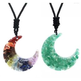 Pendant Necklaces KFT Natural Healing Crystal Quartz Chakra Reiki Tumbled Chip Stone Resin Crescent Moon Rope Chain Women Men Necklace