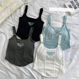 Camisoles & Tanks Print Letter Short Tank Tops Women'S Irregular Crop Top Y2k Summer Buckle Vest Boob Tube Embroidery Suspenders With