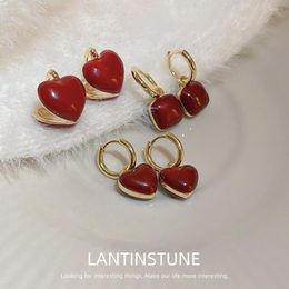 Dangle Earrings Geometric Square Enamel Love Heart For Women Exquisite Gold Colour Wine Red Drop Earring Girls High Quality N473