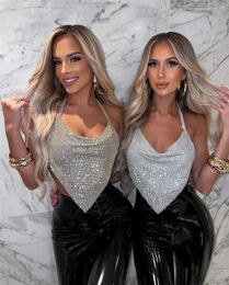 Women's Tanks Rhinestone Crop Top Women Camis Metal Bright Diamond Chain Hanging Neck Sparkle Glitter Female Camisole Nightclub Wear