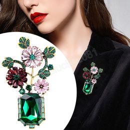 Retro Flowers Vases Brooches Women Classic Elegant Green Glass Crystal Brooches Ladies Suit Lapel Pins Accessories Party Gifts