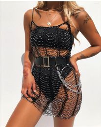 Casual Dresses Summer Sexy Sequin Mesh Patchwork Dress Women Crochet Hollow Out Rhinestone Party Club See Through Wrap Mini