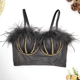 Women's Tanks SXTHAENOO Summer Women Halter Feather Trim Bustiers Crop Top Fashion Sleeveless Backless Beading Tank For Club Party