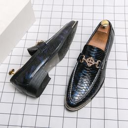 Spring Luxury Pointed Blue Mens Formal Shoes Crocodile Metal Dress Shoes Slip-on Fashion Leather Shoes for Men Plus Size 46