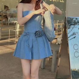 Casual Dresses Ins Style Korean Off Shoulder Bandage Strapless Pleated Denim Dress 2023 Summer Slim Flower Lace-up Solid Color Mini