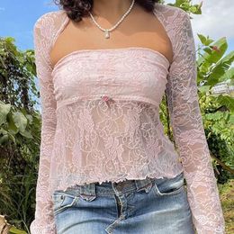 Women's Tanks 2 Piece Set Long Sleeve Shrug T-shirt Strapless Tube Tops Floral Lace Mesh Sheer Fairy Coquette Y2K Vintage Crop Women