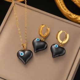 Necklace Earrings Set 316l Stainless Steel Blue Eye Black Heart Pendant For Women Vintage Girls Party Jewellery Gifts
