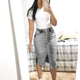 Skirts Summer Women Slim Jeans Skirts Women High Waist Split Denim Skirts Female Knee Length Button Bodycon Skirt 230621