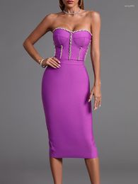 Casual Dresses Purple Bandage Dress 2023 Womens Midi Bodycon Elegant Sexy Crystal Evening Club Party High Quality Summer