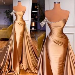Chic One Shoulder Crystal Mermaid Prom Dress Ruffles Evening Gowns With Detachable Train BC