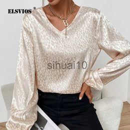 Women's Blouses Shirts Lady Elegant Leopard Print Satin Blouse 2023 Spring New V Neck Pullover Tops Autumn Women Casual Jacquard Long Sleeve Soft Shirt J230621