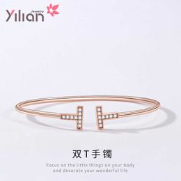 Original brand 925 Sterling Silver double t open Bracelet letter net red TFF diamond bracelet plated 18k rose gold Trinket