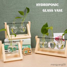 Planters Pots Hydroponic Plant Vases Glass Vintage Bonsai Transparent Flower Pot Tabletop Tray Wooden Frame Home Decor R230621