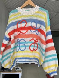 Women's T-Shirt Rainbow Embroidery Striped Knitted Hollow Out Sweater Women Knitwear Casual Loose Long Sleeve Runway Tops Scissors Flowers I723 230620