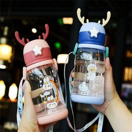 Baby Bottles# Kids Water Sippy Cup Antler Creative Cartoon Feeding Cups with Straws Leakproof Bottles Outdoor Childrens 230621