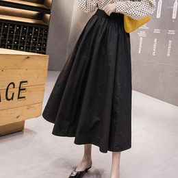 Skirts TingYiLi Women Vintage Cotton A-line Skirt Spring Autumn High Waist Pleated Midi Korean School Green Blue Black Long