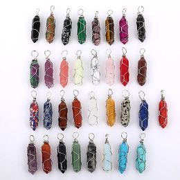 Pendant Gold Wire Wrap Natural Stone Charms Rose Quartz Mixed Pillar Bullet Shape Point Chakra Pendants for Jewelry Making Wholesale