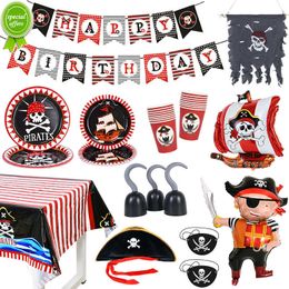 New Pirate Theme Disposable Tableware Happy Birthday Banner Pirate Ship Foil Balloons Kids Boy Birthday Party Decoration Baby Shower