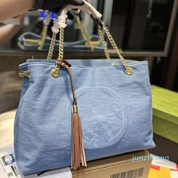 Denim Tote Bag Canvas Handbag Chain Shoulder Bags Tassel Pendant Classic Letter Large Capacity Shopping Bags Purse Zipper Pocket Open Handbags