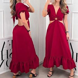 Casual Dresses Summer Women Dress 2023 Solid Color Circled Pleated V-Neck Waist Side Hollow Bubble Sleeve Ruffle Large Swing Party