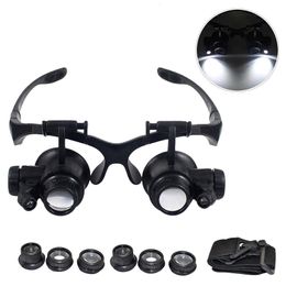 Magnifying Glasses 10X 15X 20X 25X Double Eye Glasses Loupe Head Wearing Magnifying Glasses Headset With LED Light For Watch Repair Jewelery 230620