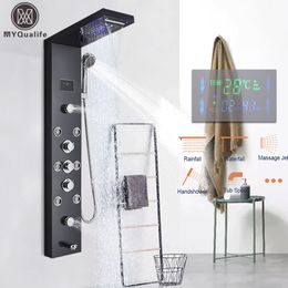 Bathroom Shower Heads LED Light Panel Waterfall Rain Digital Display Faucet Set SPA Massage Jet Column Mixer Tap Tower System 230620