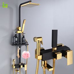 Bathroom Shower Heads Black Gold Faucet Set Rainfall Metal Mixer Tap Bathtub 4 way with Bidet and Shelf 230620