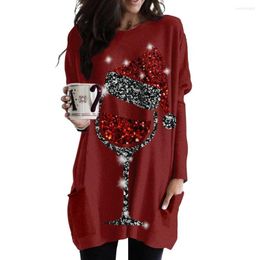 Women's Hoodies Red Wine Glass Shiny Women's Long Pocket T-shirt 2023 Spring Autumn Sleeve Christmas Elements 3D Tee Tops