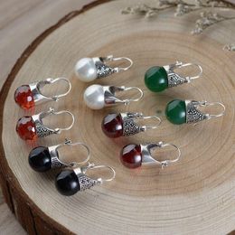 Dangle Earrings Real S925 Sterling Silver Antique Craft Women's Inlaid Bead Agate Red Zircon Thai